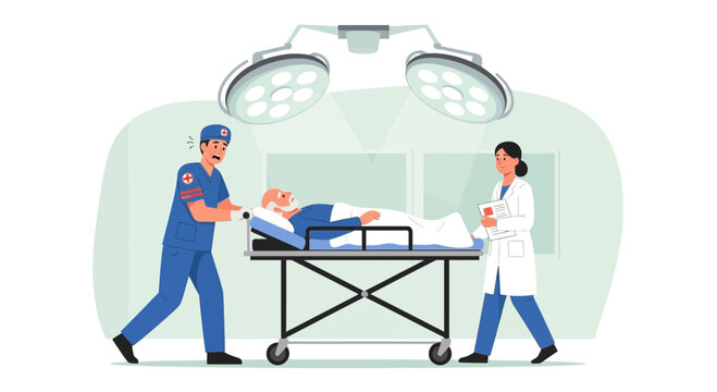 Medical Emergency: Doctor and Nurse rushing patient on gurney under surgical lights