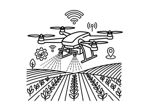 Agricultural Drone Spraying Crops in Field Line Art Illustration, Smart Farming Technology and Precision Agriculture Concept