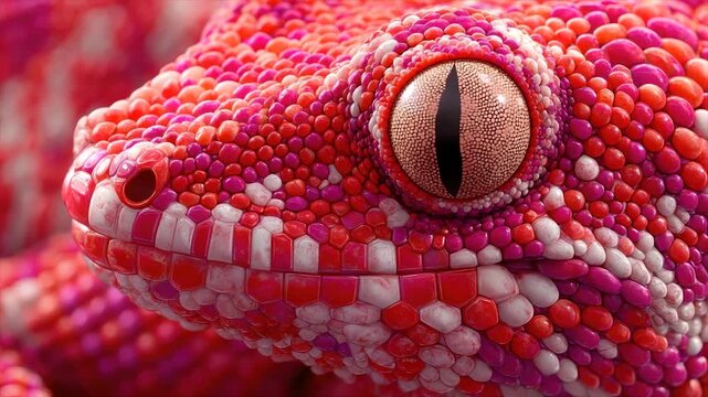 Close-up of a vibrant reptile head, showcasing patterned scales in shades of red and pink