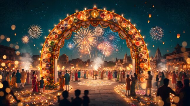 Festive diwali celebration scene with a large decorated archway, fireworks, and people in a traditional indian town square