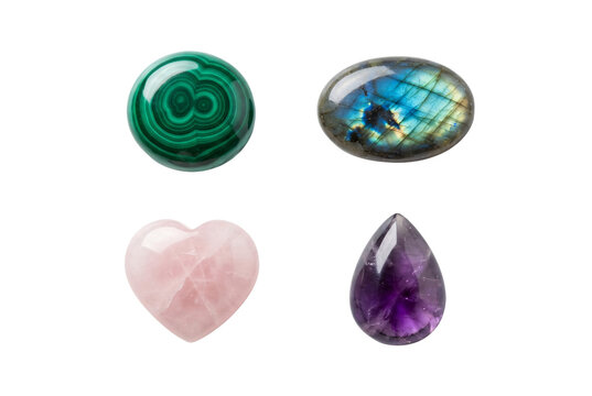 Polished gemstone cabochons set malachite labradorite rose quartz amethyst isolated clip art