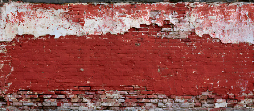A weathered, decrepit brick wall adorned with a worn, red stonewall, creating an untidy facade with cracked plaster, serves as an ideal backdrop for a minimalist web banner with text and image areas.