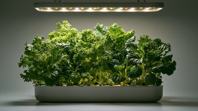 LEDライトの下でフレッシュな野菜を育てる室内水耕栽培の背景