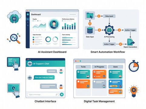 Artificial Intelligence Business Interface Set with Dashboard, Automation Workflow, Chatbot Support, and Digital Task Management Board