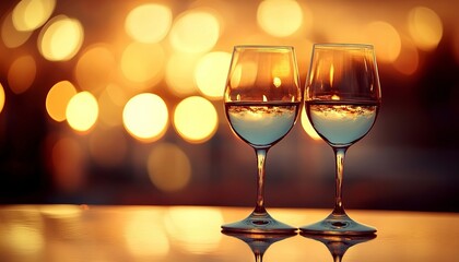 Fototapeta premium Two Elegant Crystal Wine Glasses Filled With Refreshing White Wine Surrounded By Soft Candlelight