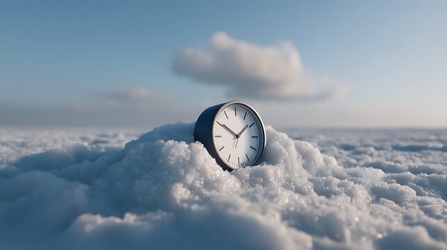 Clock face with roman numerals showing time against snowy mountain peak backdrop