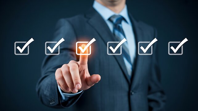 A businessman in a suit selecting an option on a digital checklist with his finger. The checklist has five boxes, with the third one highlighted