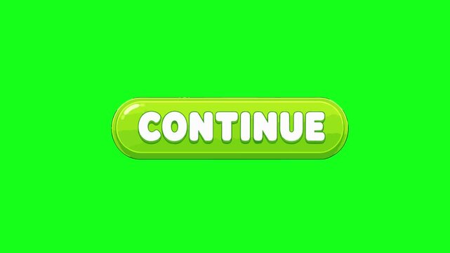 Continue button animated green oval UI button bouncing and clicking motion 4k chroma key green screen background
