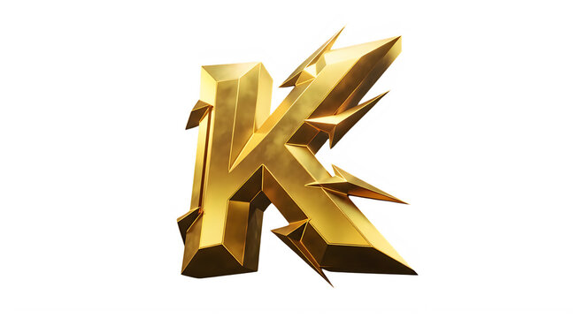 Stylish three dimensional golden letter K with sharp geometric edges design transparent background