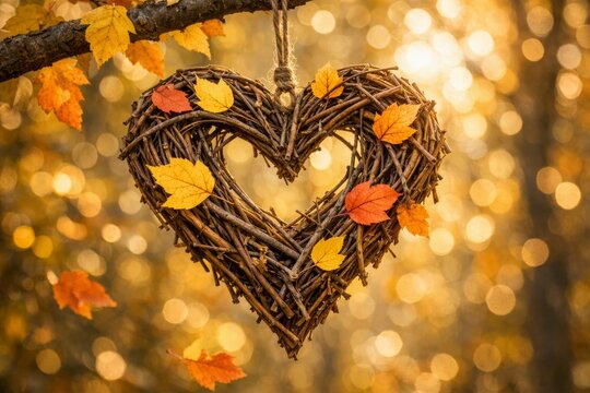 Rustic heart wreath of twigs decorated with autumn leaves hanging outdoors with golden bokeh lights for fall ornament background and seasonal decor