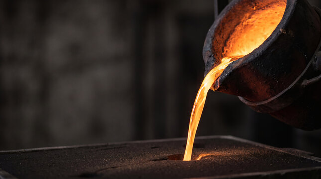 Molten metal poured into a sand casting hole