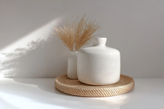 Minimal neutral ceramic vases and dried pampas on a woven tray for styled still life background and minimalist home decor composition