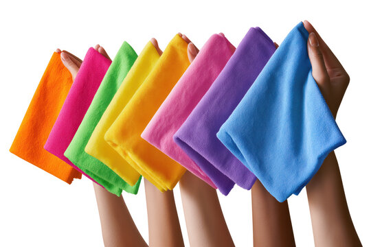 Diverse hands holding colorful microfiber towels in diagonal arrangement against white background