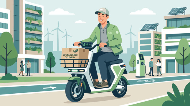 Delivery rider on electric scooter in sustainable city with green buildings