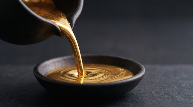 Pouring liquid gold into a shallow dark stone bowl