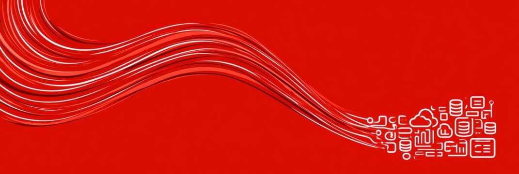 Abstract digital transformation concept with flowing lines and cloud integration symbols on a red background