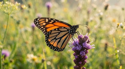 Obraz premium Monarch butterfly in natural meadow pollinating a vibrant purple flower during a sunny spring day, showcasing delicate wings.