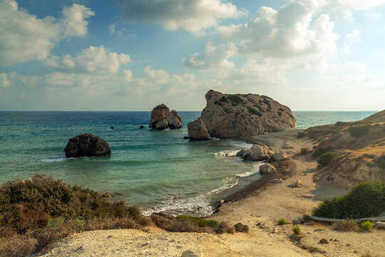 Aphrodite's Rock coastal landscape at golden hour in Paphos, Cyprus