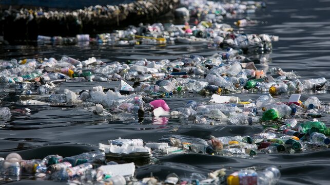Plastic waste pollution in dark murky water with floating bottles and garbage showing ocean contamination, environmental degradation, climate change, sustainability, and waste management challenges