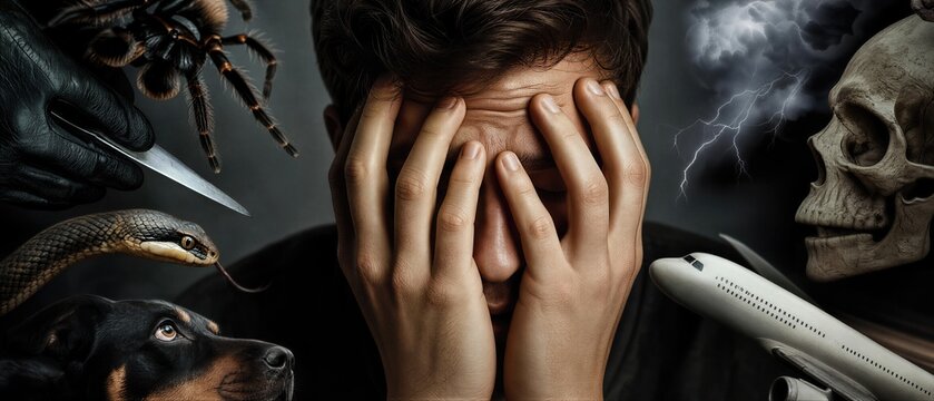 Man suffering from intense phobias and anxiety. Stressed male covering face surrounded by fears like spider, snake, skull, plane, and knife. Banner with copy space