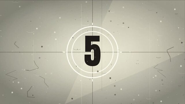 Vintage sepia film countdown counting down from ten to one on an old cinema reel leader. The animation features a scratched sepia-toned background, dust particles, film grain, and a crosshair reticle 