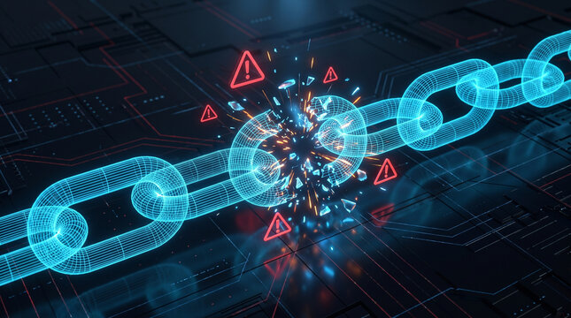 Cybersecurity Breach and Supply Chain Disruption Concept Showing Breaking Digital Chain with Alert Symbols