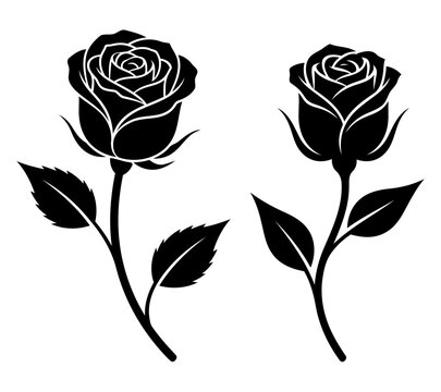 Two elegant black silhouette rose flowers with stems and leaves isolated on a white background