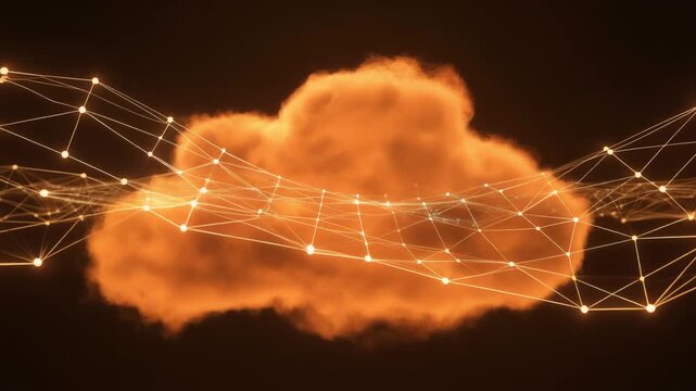 Orange cloud illuminated by internal light with glowing network lines, symbolizing cloud computing, data exchange, and digital connectivity in modern design.