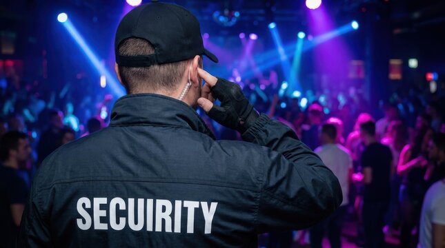 Professional security guard in black uniform monitoring event with earpiece communication device