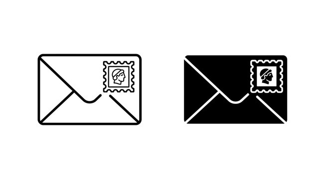 Minimalist envelope icons with postage stamps in linear and solid styles