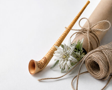 Wooden alphorn ornament, edelweiss sprig and kraft paper roll with twine, alpine gift wrapping concept