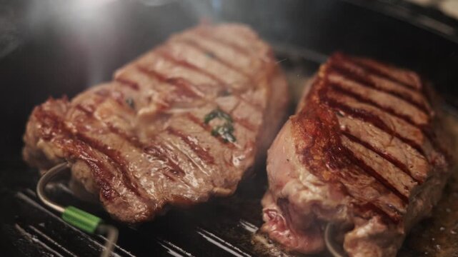 Juicy beef steaks sizzling on a hot grill with visible grill marks and steam