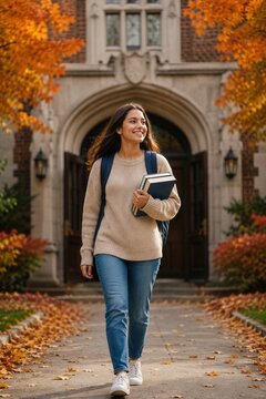 Smiling college student walking across university campus with books during beautiful autumn academic season