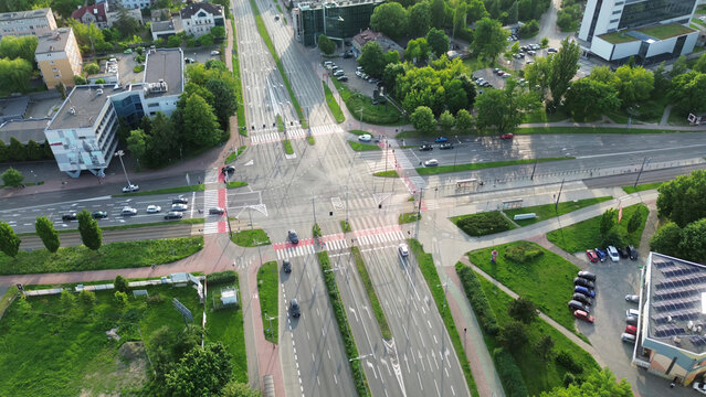 Urban crossroads with bike lanes and cars