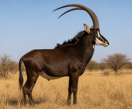 Sable antelope standing in dry savanna grass, wildlife nature concept