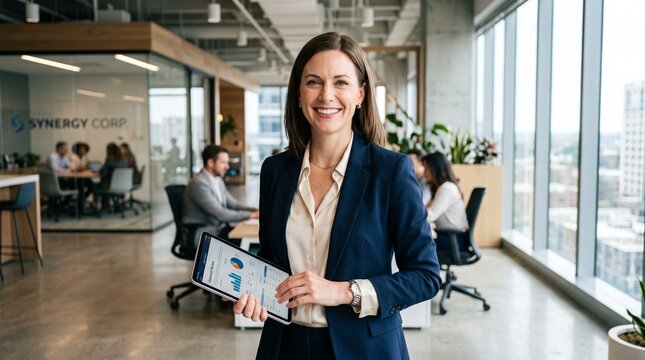 Smiling professional businesswoman holding a digital tablet with charts in a modern corporate office.