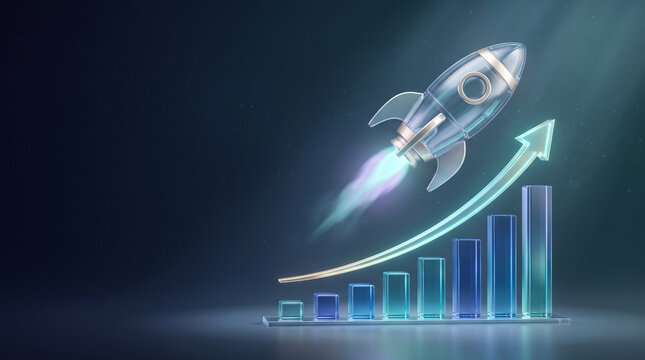 Financial growth trajectory featuring a transparent glass rocket taking off above a rising bar graph