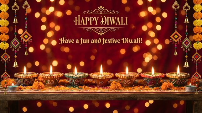 Happy diwali festive greeting with a row of traditional oil lamps, marigold flowers, and hanging decorations on a wooden table