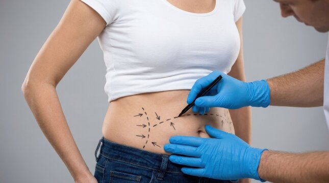 Medical professional marking surgical incision lines on patient's abdomen before operation