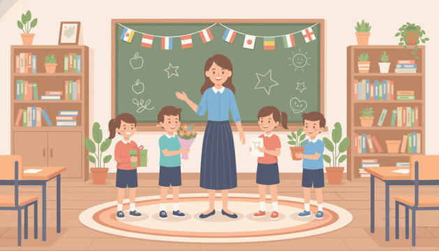 Group of children offering gifts and flowers to their smiling teacher in a school classroom decorated for special day.