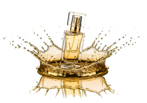 Fragrance bottle falling into golden liquid creating dynamic splash crown with reflections.