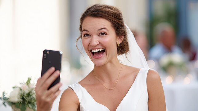 selfie of bride at wedding laughing at camera mouth wide open, smartphone camera style, unedited 