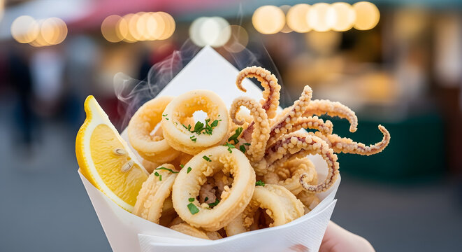 Fried calamari in a paper cone is held outdoors at a street market.