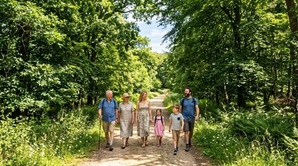 Fototapeta premium Multi-generational family walking together along a sunny forest path, enjoying a summer outdoor hike for Grandparents Day.