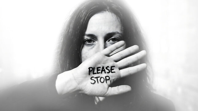 Woman holding hand with please stop message written on palm in dramatic high contrast black white