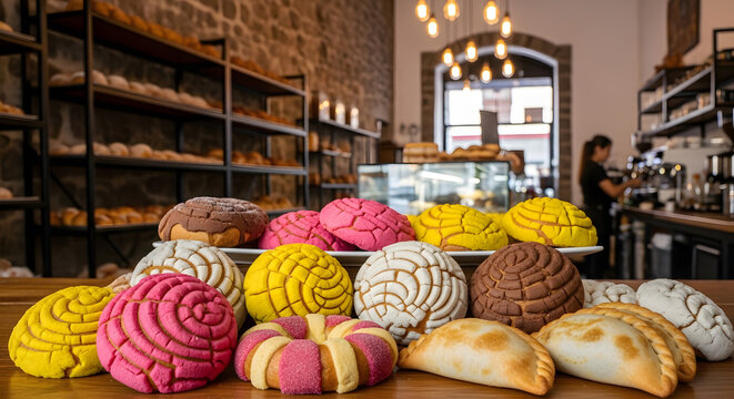 Sweet bread selection displays colorful conchas on a bakery counter.