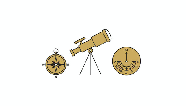 Historical scientific instruments including a telescope on a tripod a compass and a sundial in gold finish.