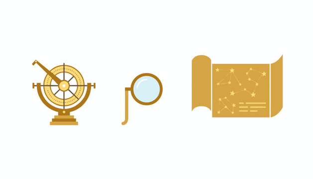 Set of antique navigation and observation tools featuring an astrolabe a monocle and a star constellation map.