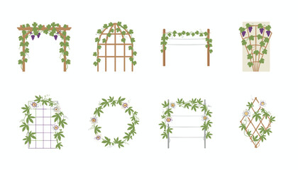 Naklejka premium Collection of various wooden garden trellis and arbor structures with climbing floral vines.