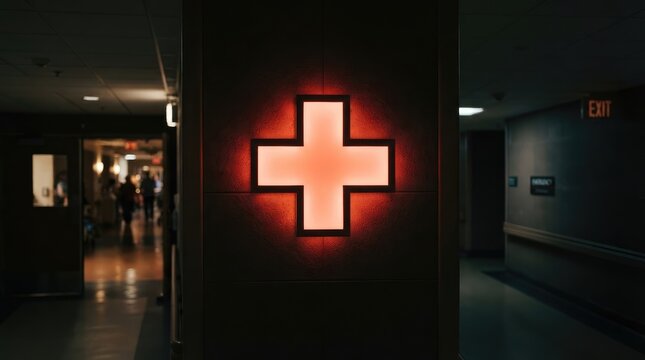 Glowing illuminated cross sign on dark indoor wall with emergency exit corridor lighting with textured wall within dimly lit indoor corridor